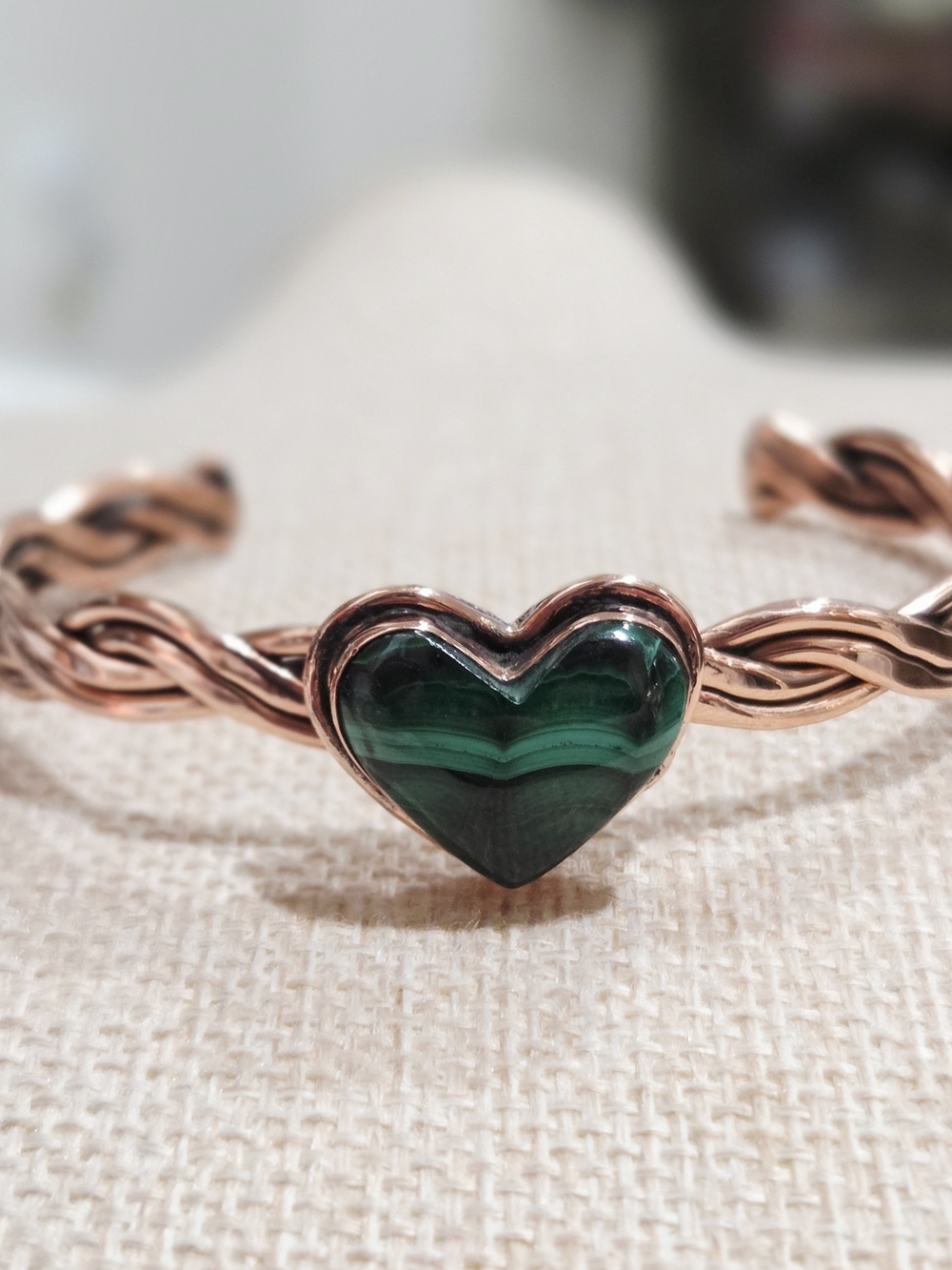 Solid Copper Stone Genuine Malachite Heart Bracelet - - Picture 3 of 5